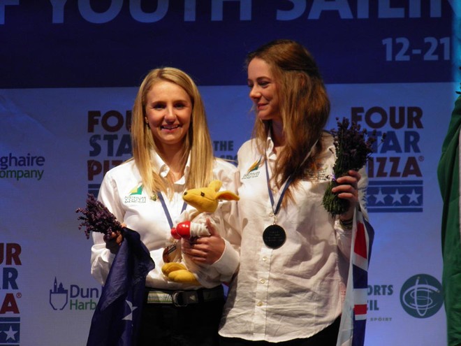 Carrie Smith and Ella Clark on the podium 420 Girls     - ISAF Youth Worlds. Photo: Brendan Todd © ISAF Youth Worlds http://www.isafyouthworlds.com